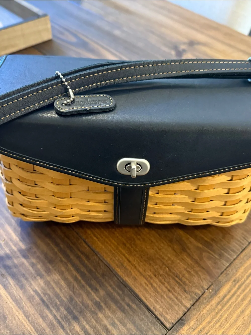 Black Leather and Natural Woven Shoulder Bag - Picture 1 of 10